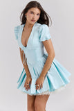 delicate blue satin pleated mini dress