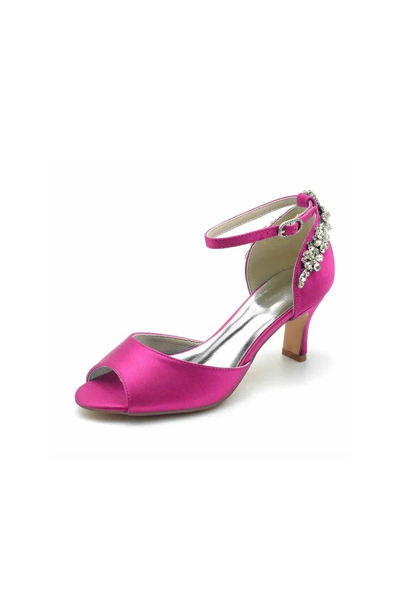 Satin Ankle Strap Rhinestone Chunky Heels