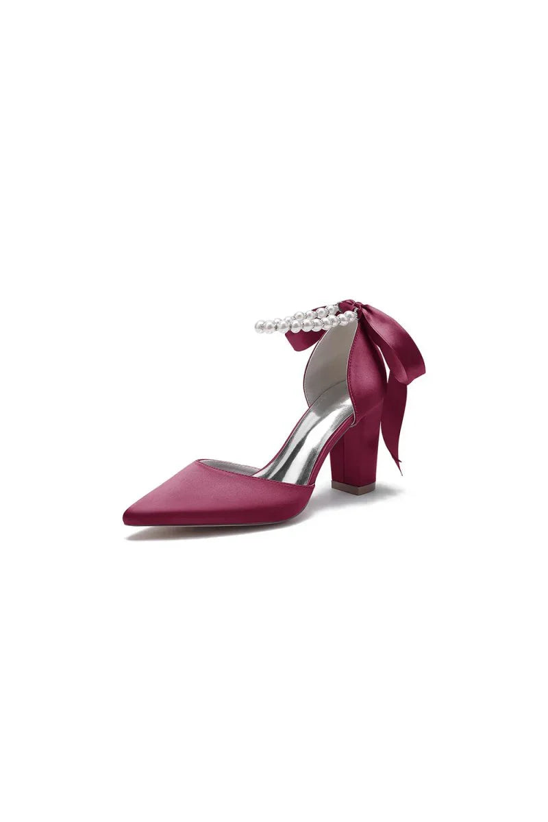Pearl Ribbon Pointed Toe Ankle Strap Chunky Heel