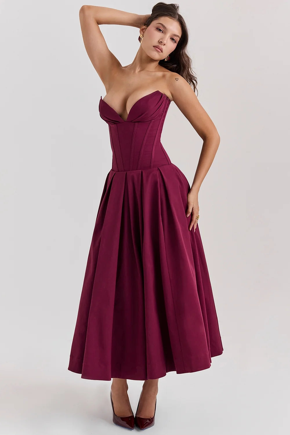 wine strapless midi dress