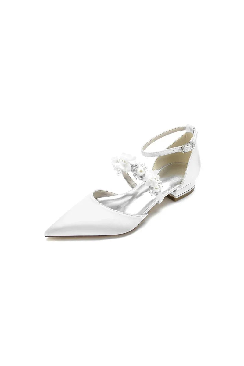 Flower Pearl Buckle Strap Pointed Toe Flats