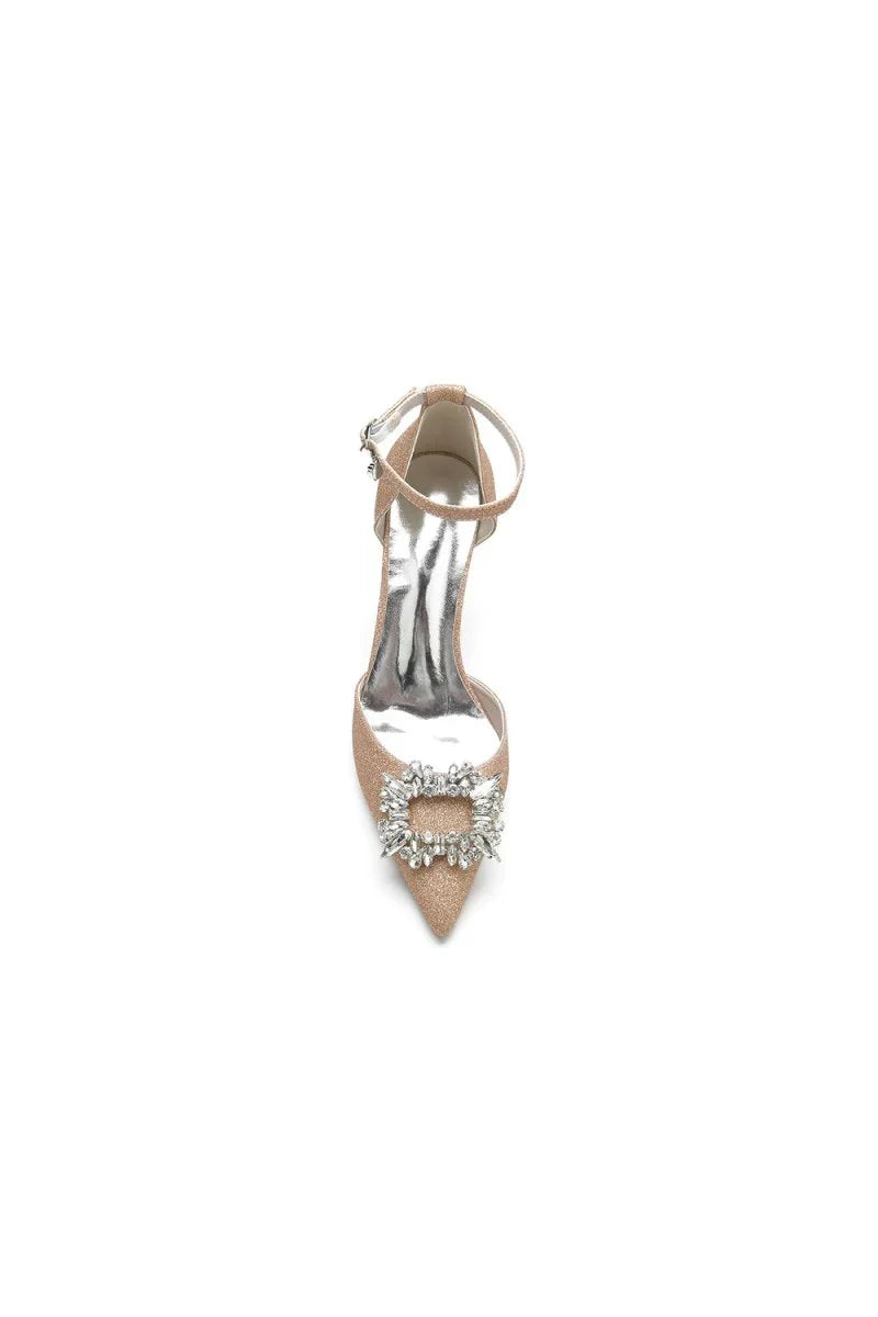 Pointed Toe Ankle Strap Stiletto Heels With Rhinestone
