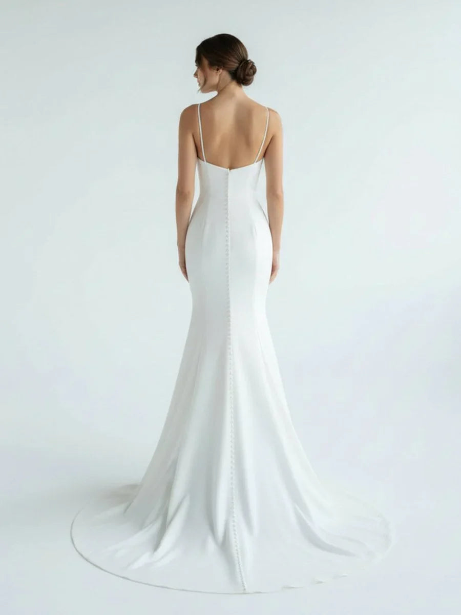 Mermaid White Spaghetti Straps Long Lace Wedding Dress