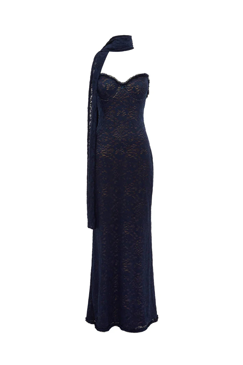 AMANA STRAPLESS SCARF MAXI DRESS NAVY