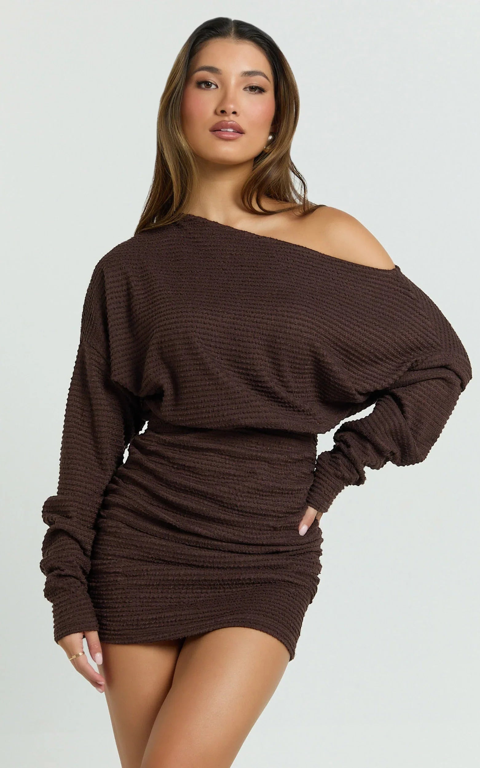 Alyce Mini Dress Long Sleeve One Shoulder Dress in Chocolate