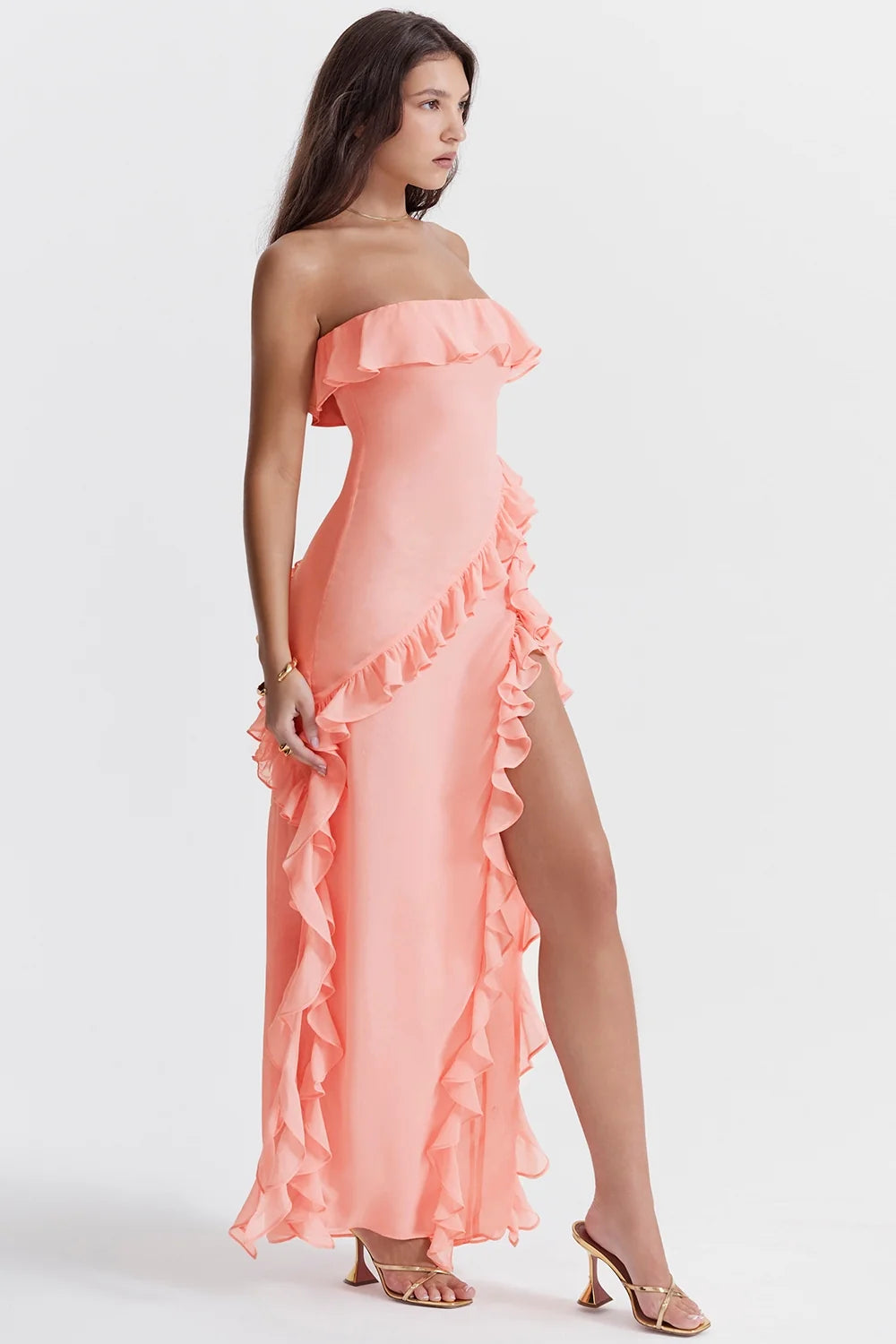 apricot ruffle maxi dress