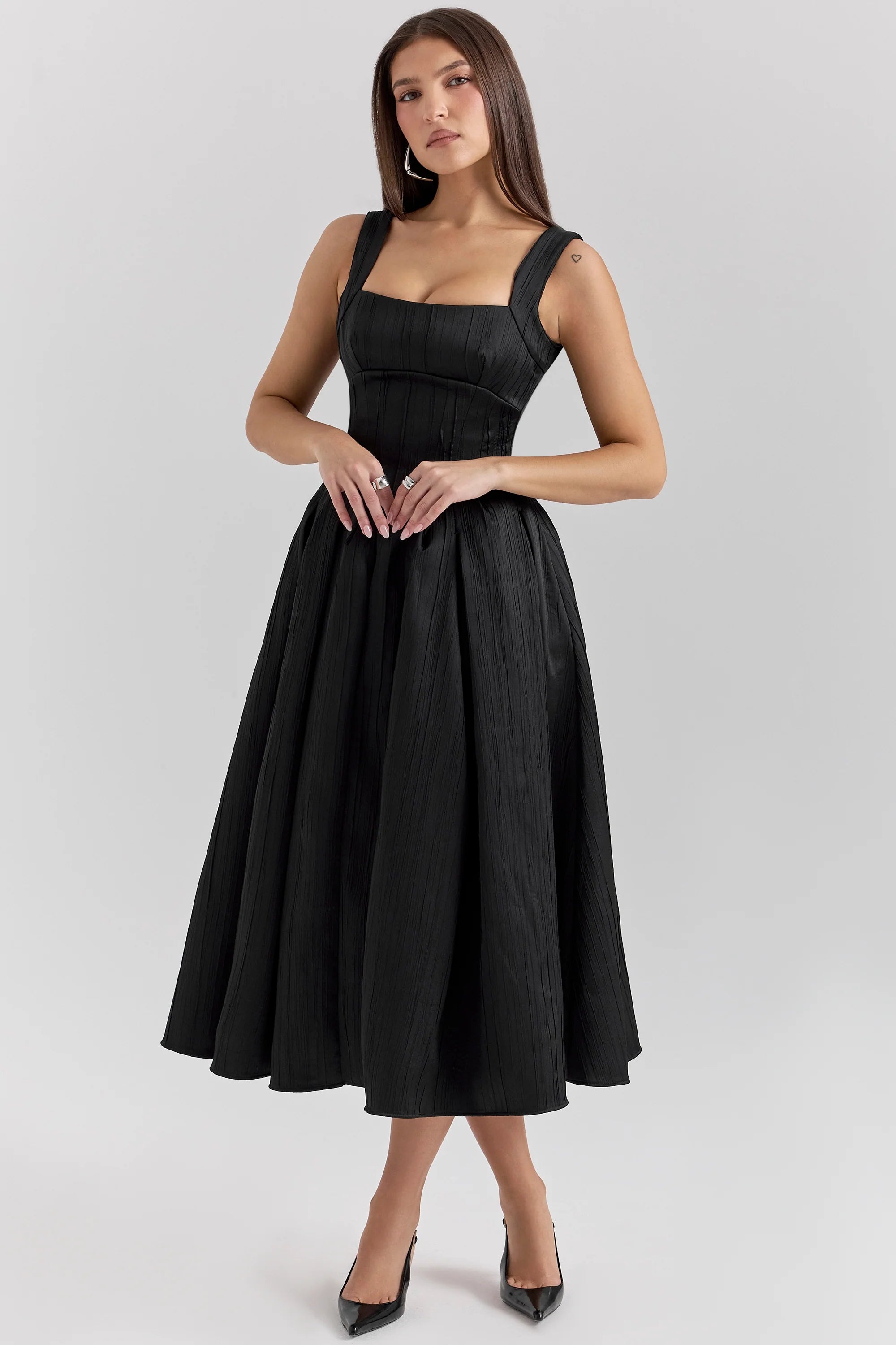 black textured satin corset midi dress