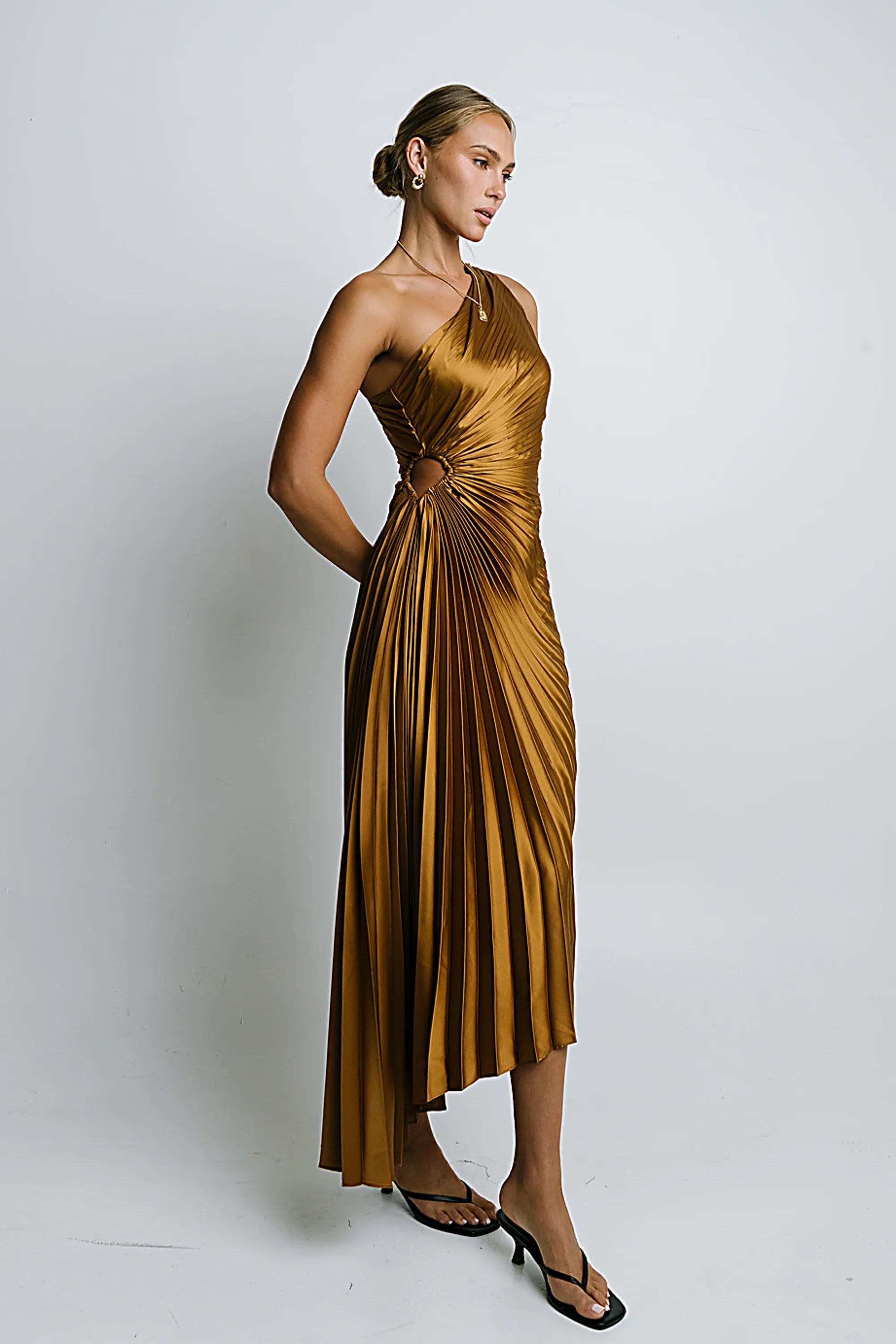 Asymmetrical Pleated Maxi Dress in Gold