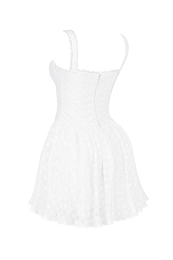 white cotton broderie anglais corset mini dress