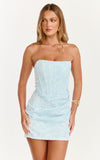 Rachel Mini Dress Strapless Corset Bodice Draped Skirt Dress in Ice Blue