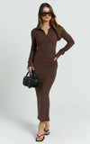 Rimona Midi Dress Long Sleeve Gathered Waist Midi Shirt Dress in Brown