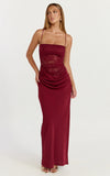 Rania Maxi Dress Contrast Lace Bodice Bias Cowl Drop Waist Dress in Wine