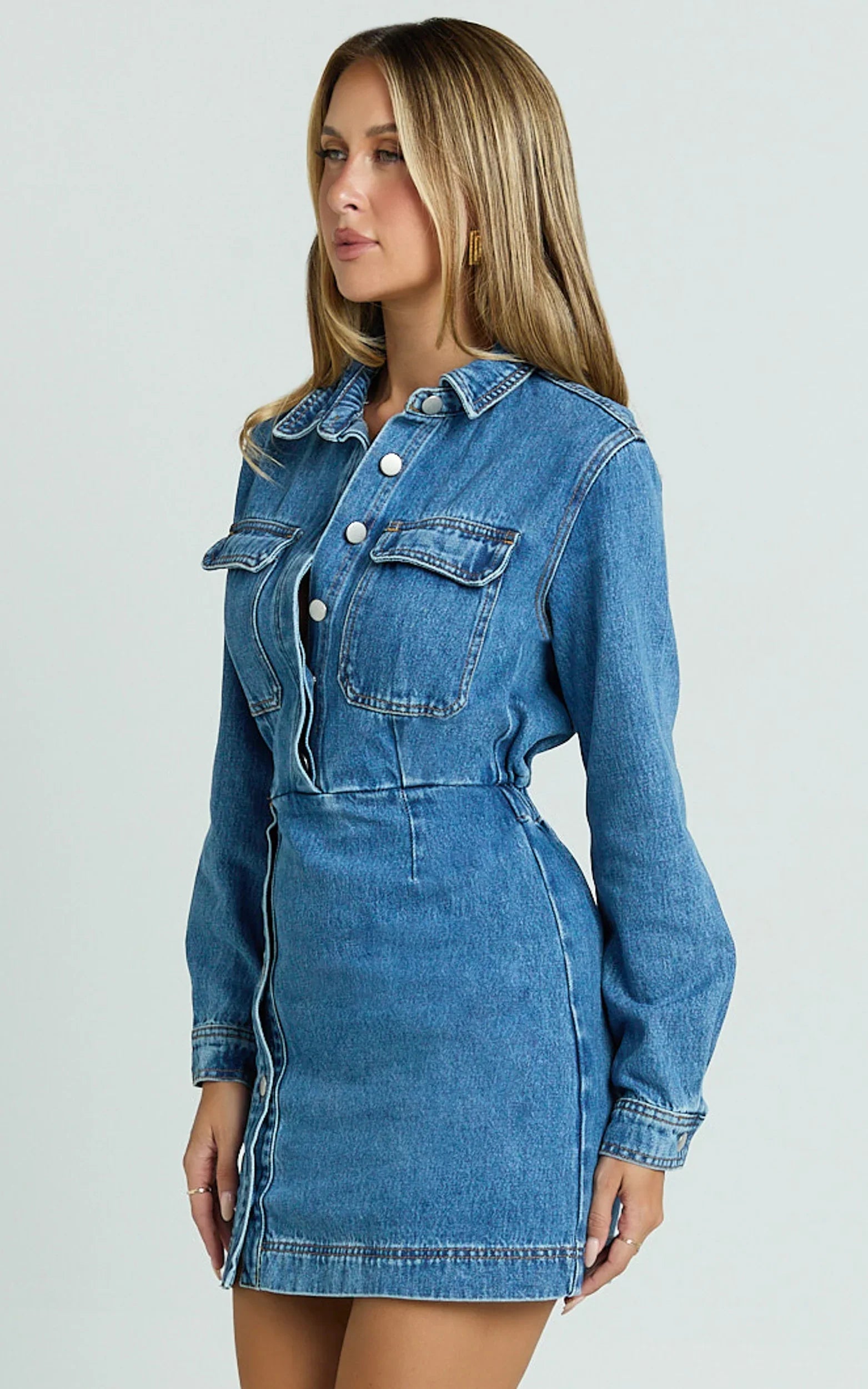 Ainsley Mini Dress Button Through Long Sleeve Denim Dress in Mid Blue Wash