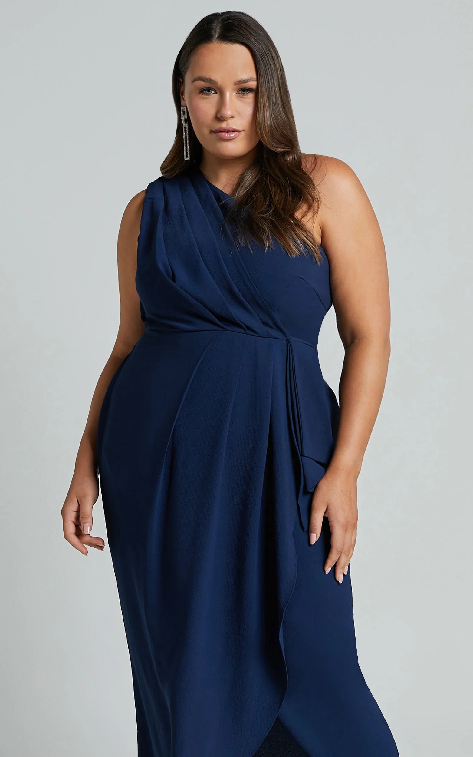 Namaari Midi Dress Faux Wrap One Shoulder Dress in Navy