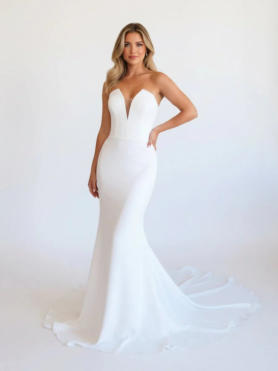 Simple White Boho Mermaid Satin Long Sleeveless Wedding Dress