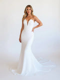 Simple White Boho Mermaid Satin Long Sleeveless Wedding Dress