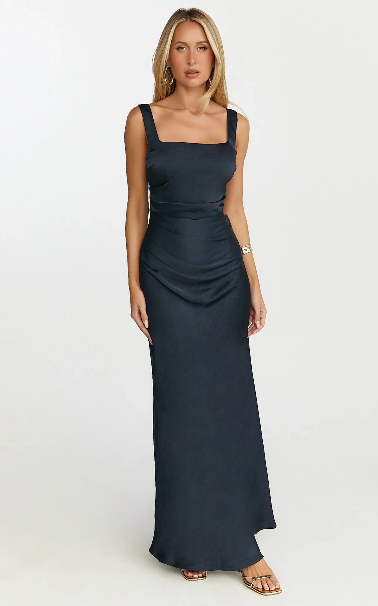 Rumi Midi Dress Rushed Bodiest Satin Dress in Navy