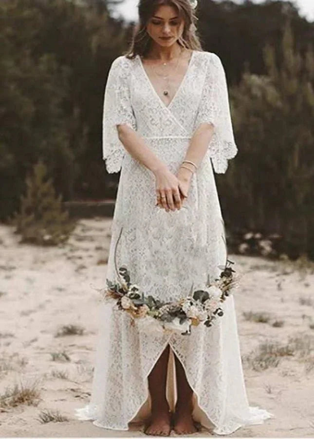 Bohemian Lace Deep V Neck Half Sleeves A Line Beach Wedding Dresses