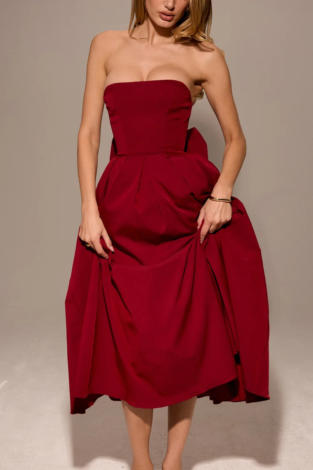 berry strapless detachable bow midi dress