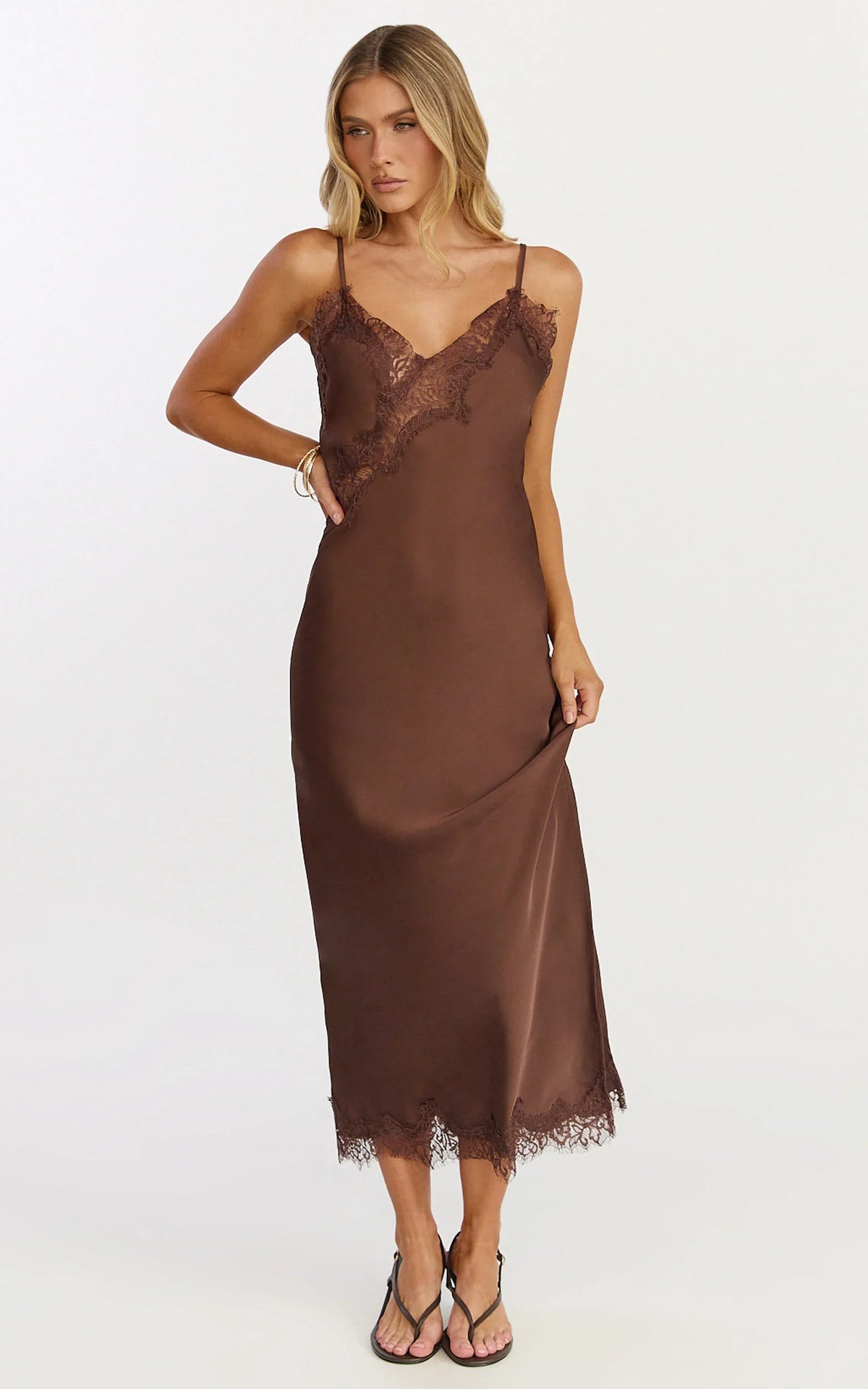 Ava Midi Dress Lace Trim Scallop Hem Camisole Dress in Chocolate