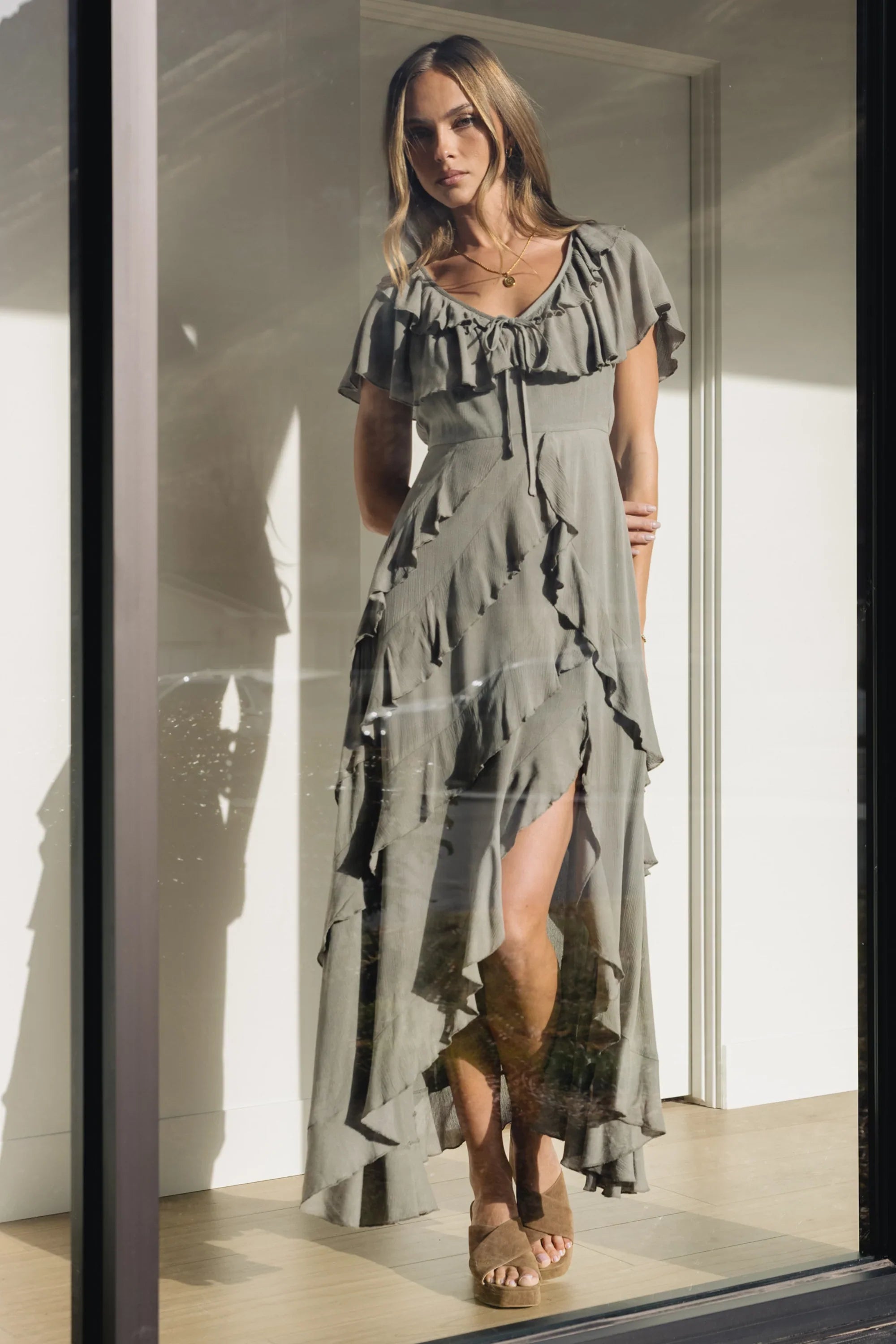 Kora Ruffle Maxi Dress in Olive