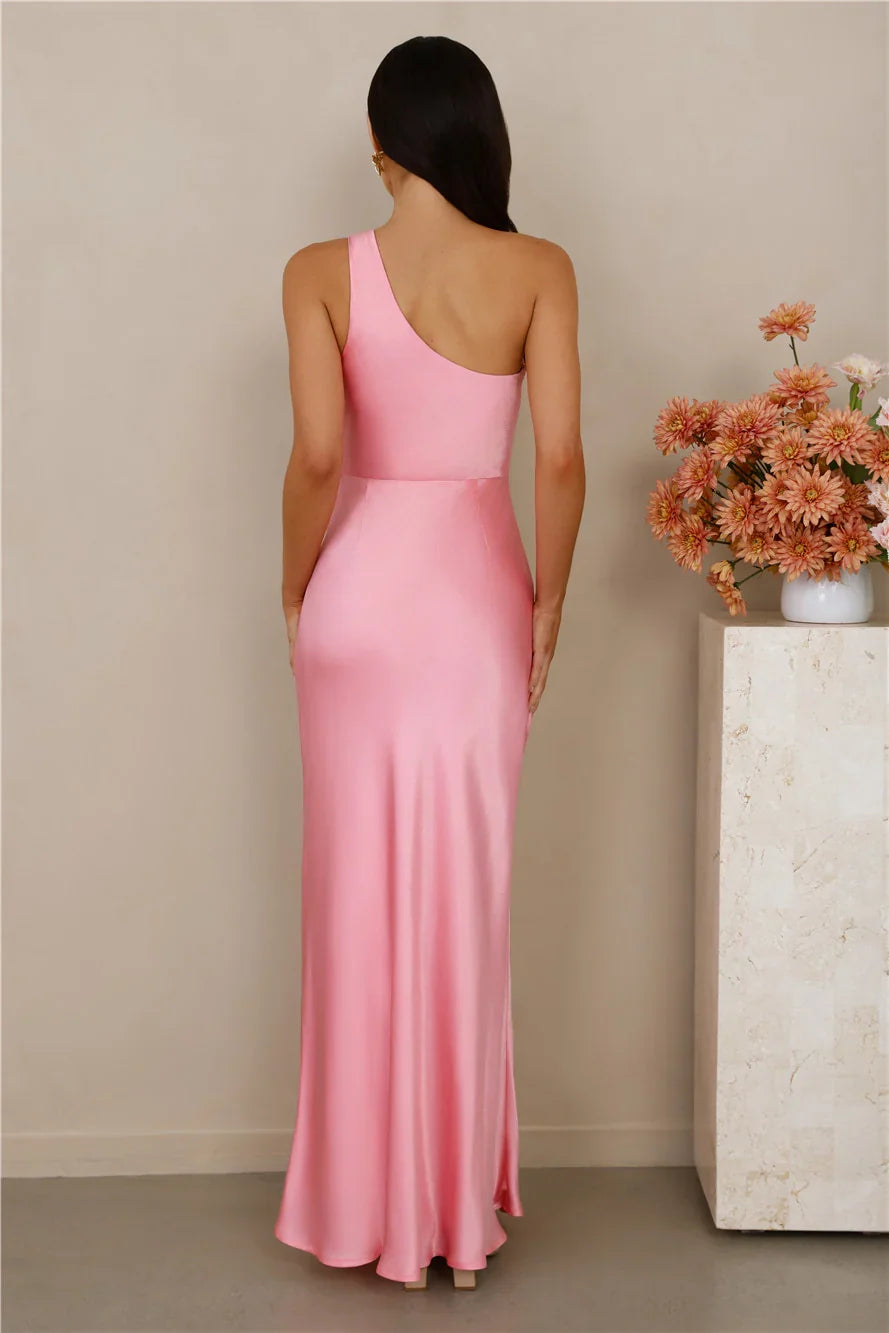 The Aurora One Shoulder Satin Maxi Dress Candy