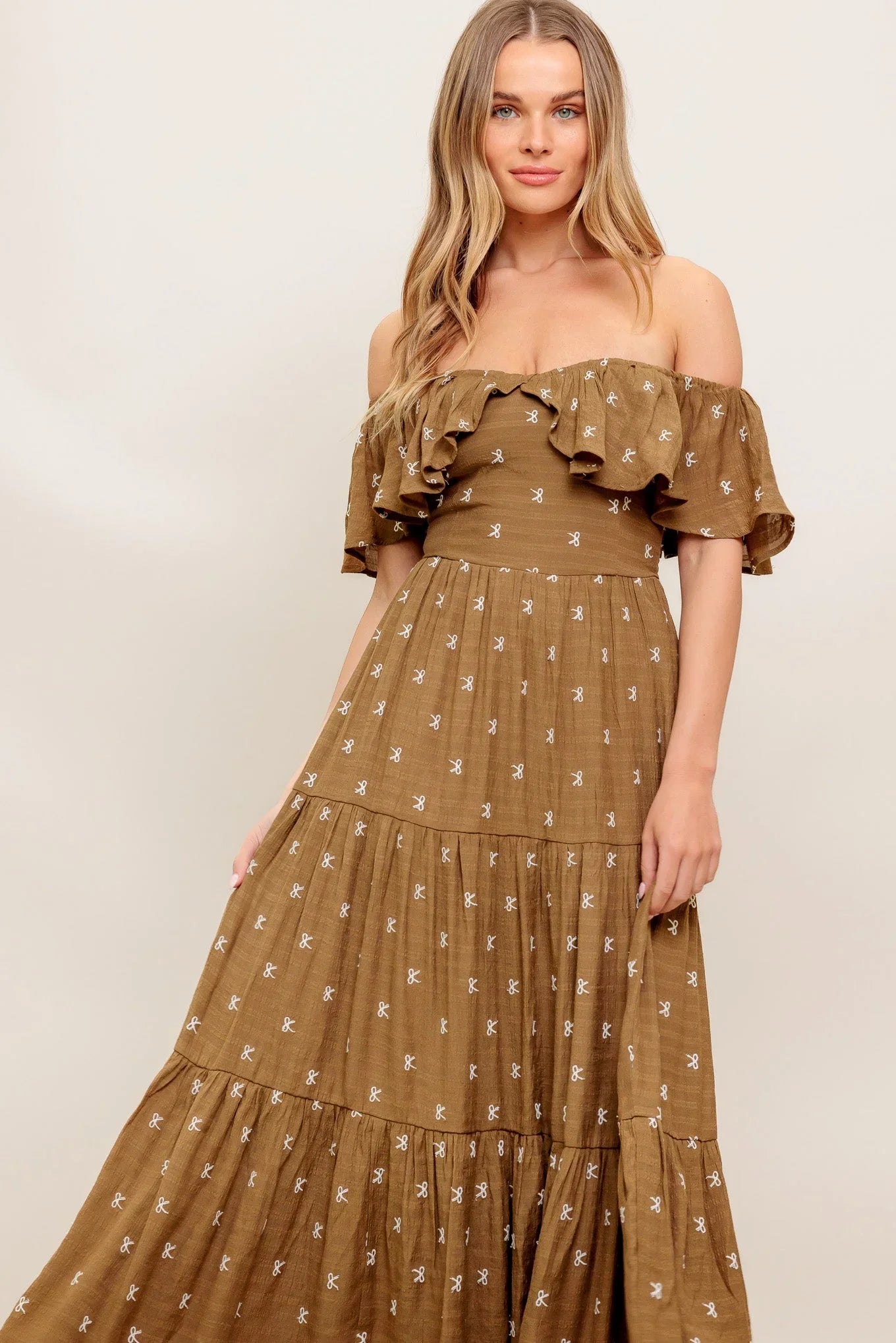 BELLE AMOUR OFF SHOULDER BROWN MIDI DRESS