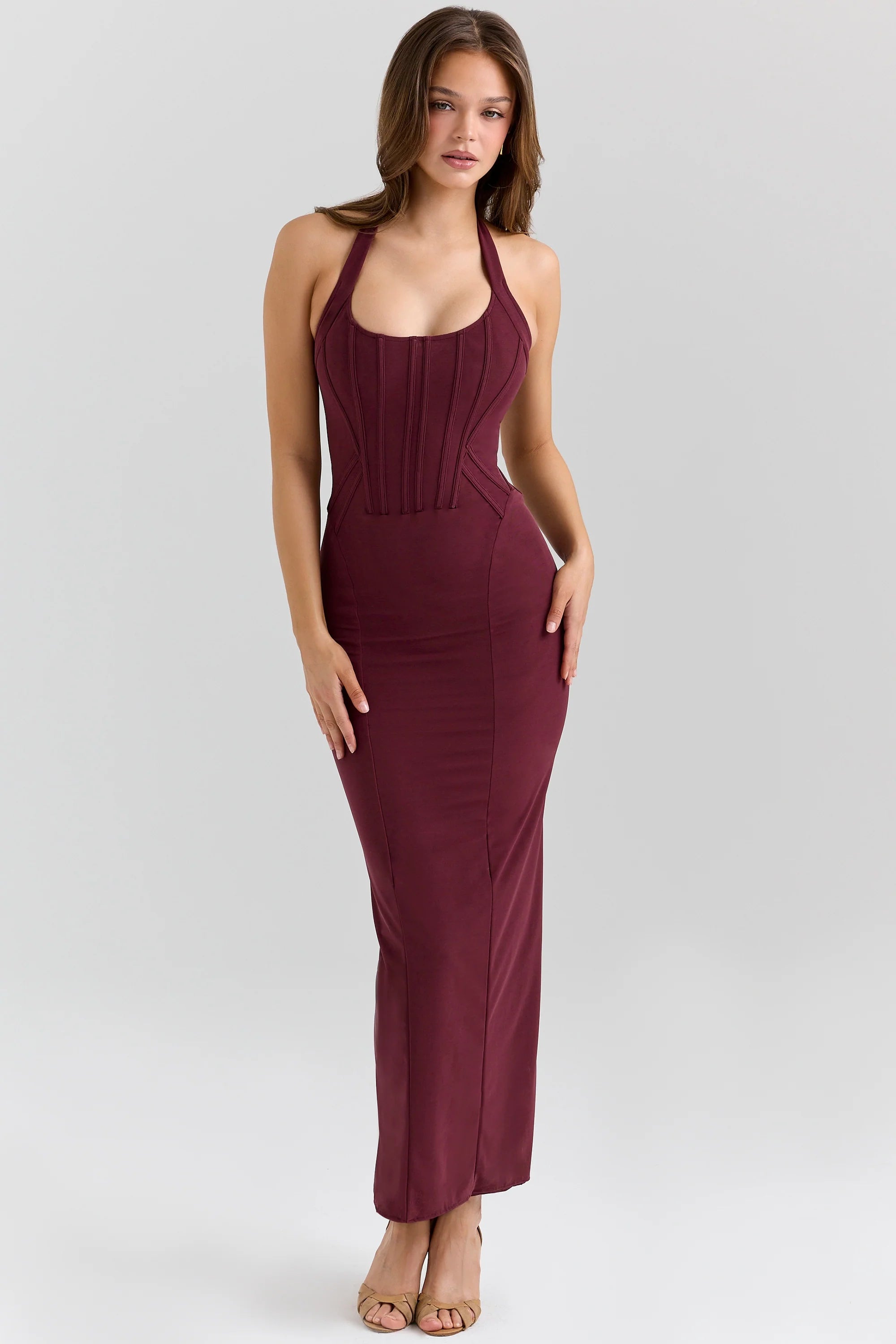 grape stretch mesh halter neck midi dress