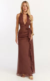 Eleonor Maxi Dress Plunge Halter Tiered Ruffle Front Split Dress in Chocolate