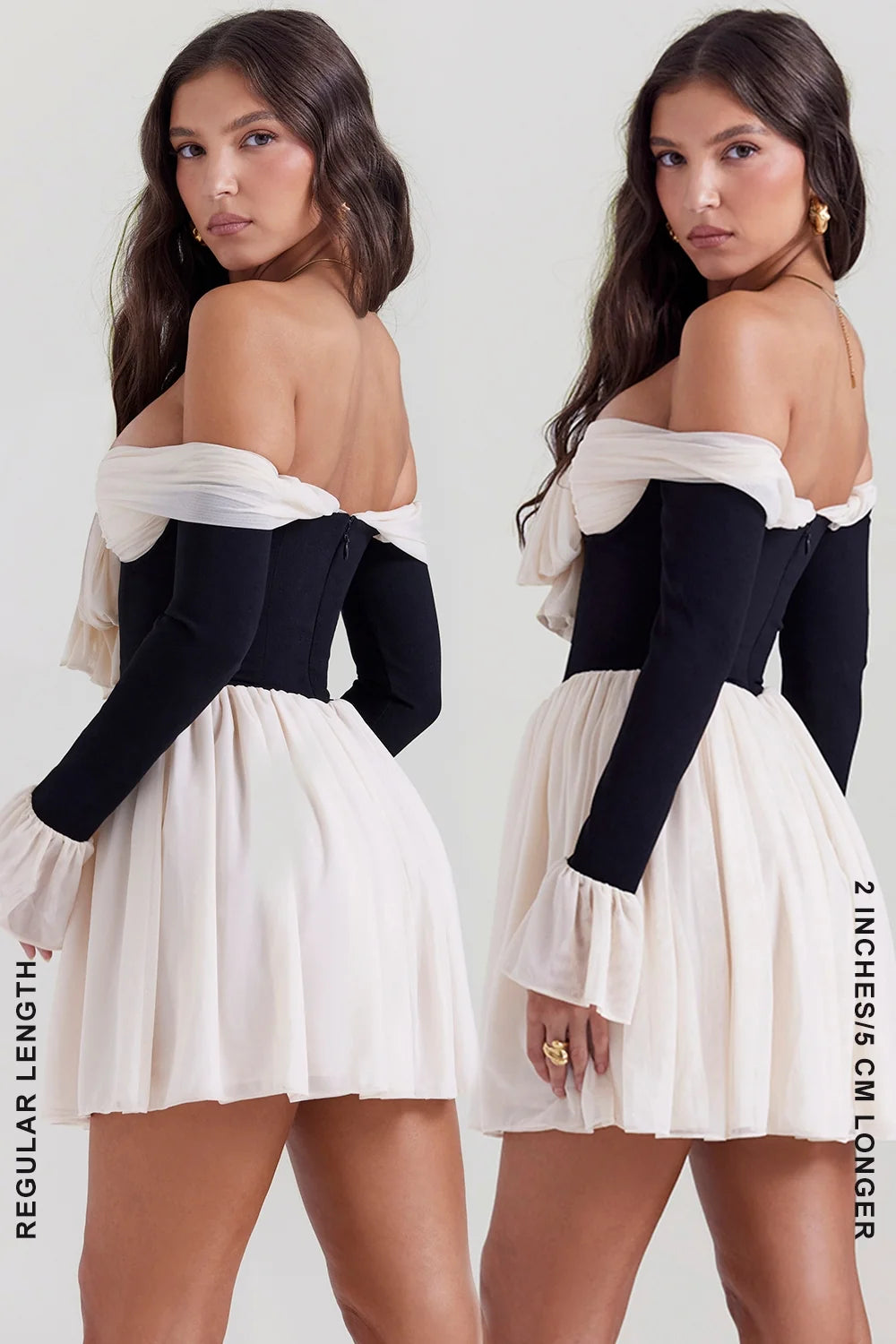 black cream off shoulder dress