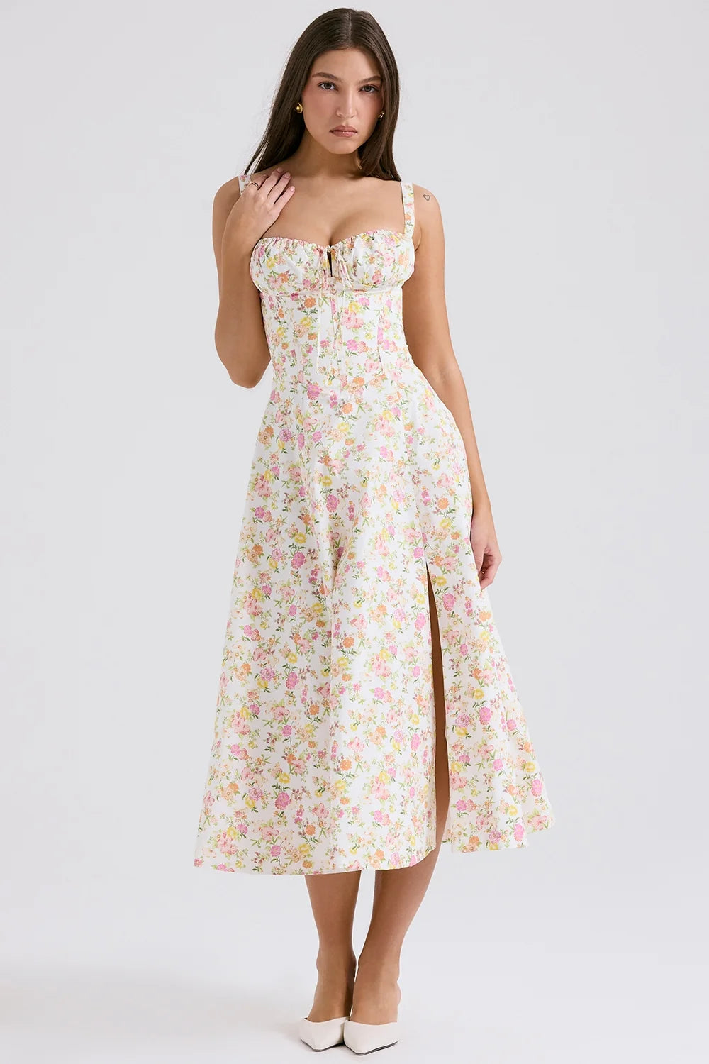 ivory meadow print cotton bustier sundress