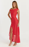 Judee Midi Dress One Shoulder High Side Split Dress in Red