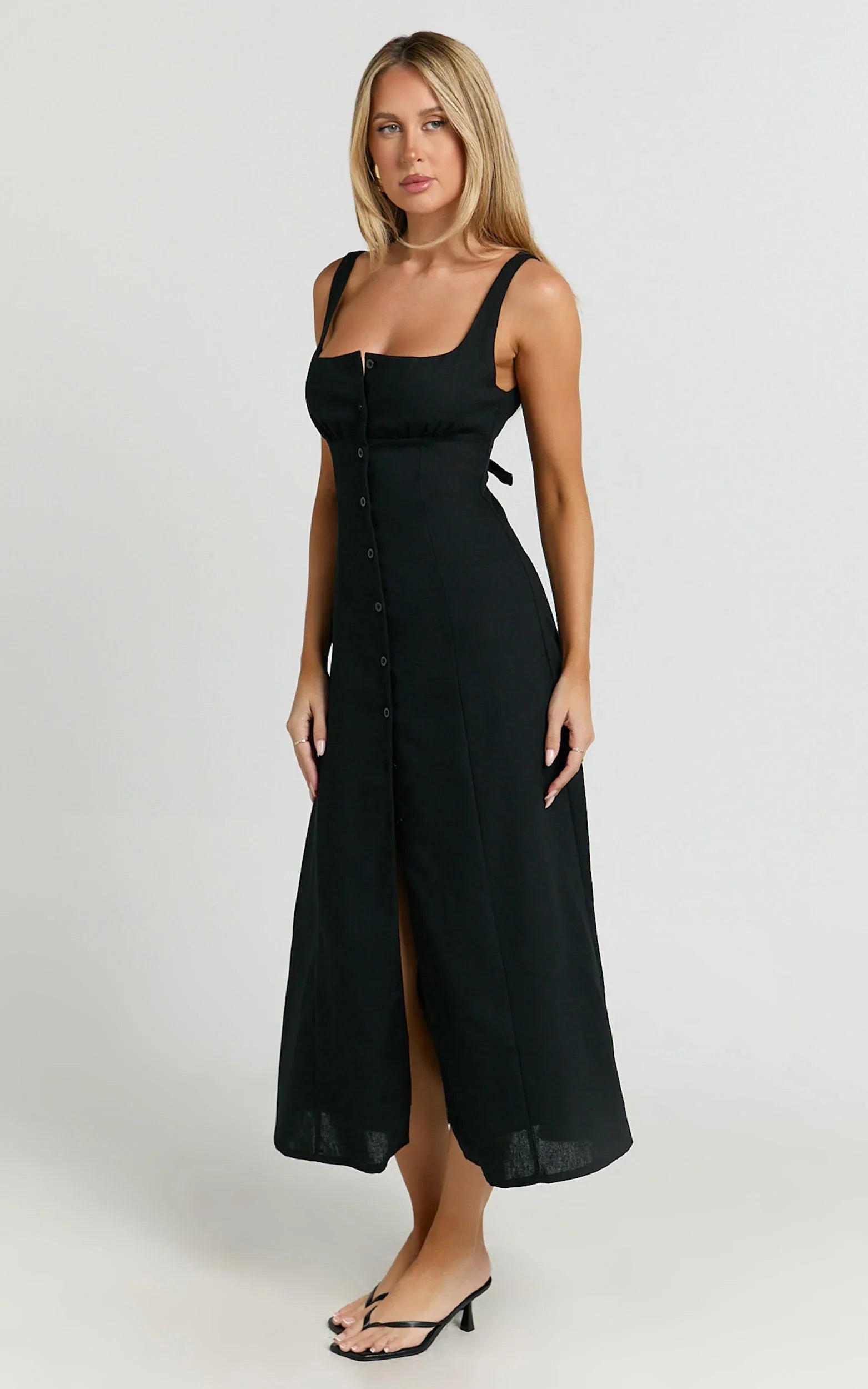 Cameron Midi Dress Button Front Tie Back Dress in Black