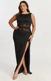 Alberta Maxi Dress Spliced Sheer Lace Column Dress in Black