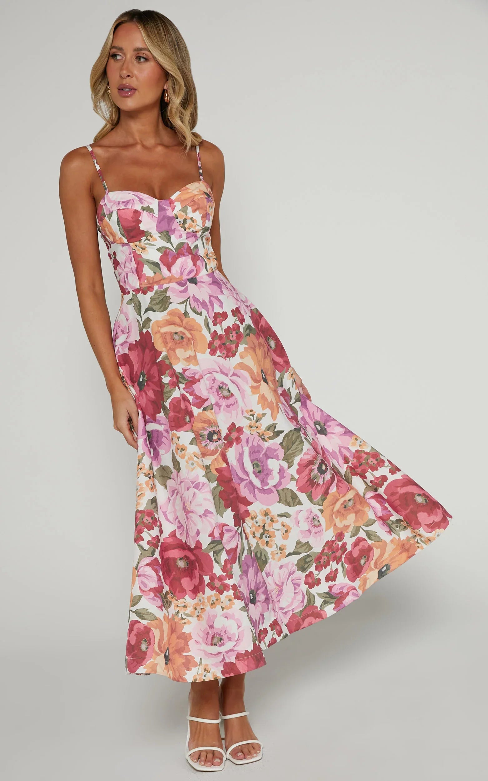 Robertson Midi Dress Strappy Sweetheart Bustier Flare Dress in Spring Floral