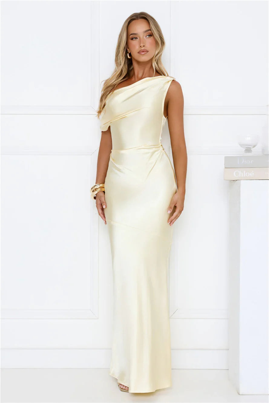 Shes A Dream Satin Off Shoulder Maxi Dress Yellow