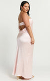 Charlita Maxi Dress Strapless Cowl Back Satin Dress in Pale Pink