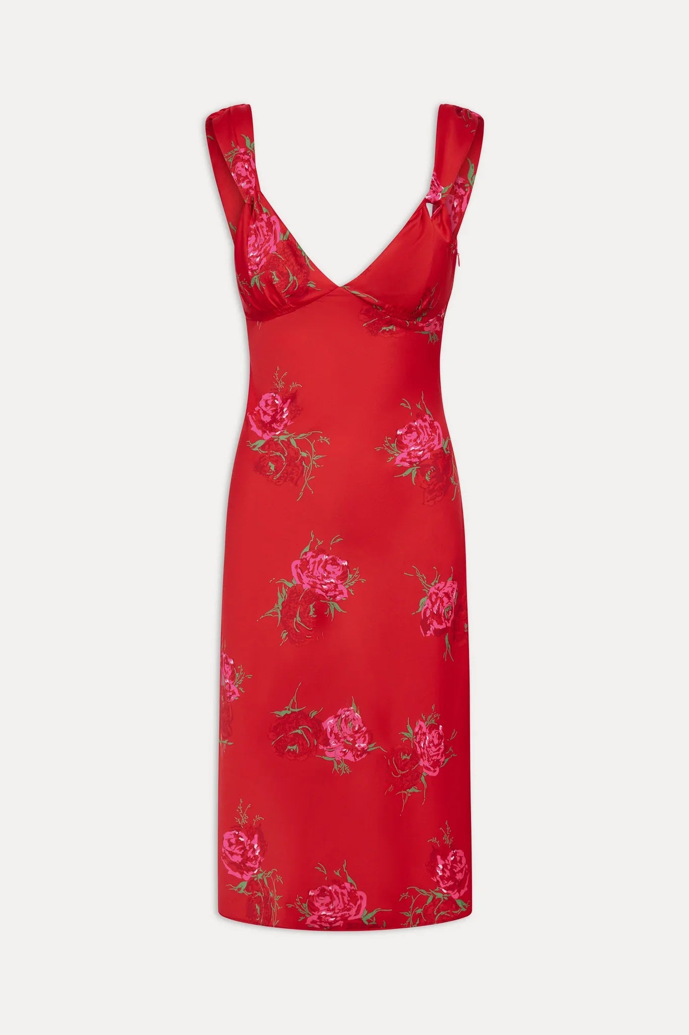 Aurora Satin Floral Midi Dress Red Rose Brushstroke