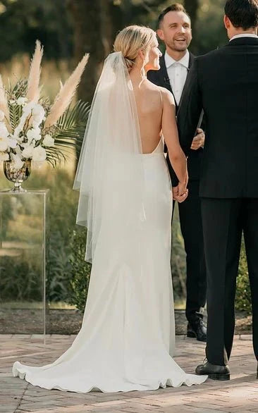Sexy Plunging Neckline Mermaid Satin Wedding Dress With Sweep Train