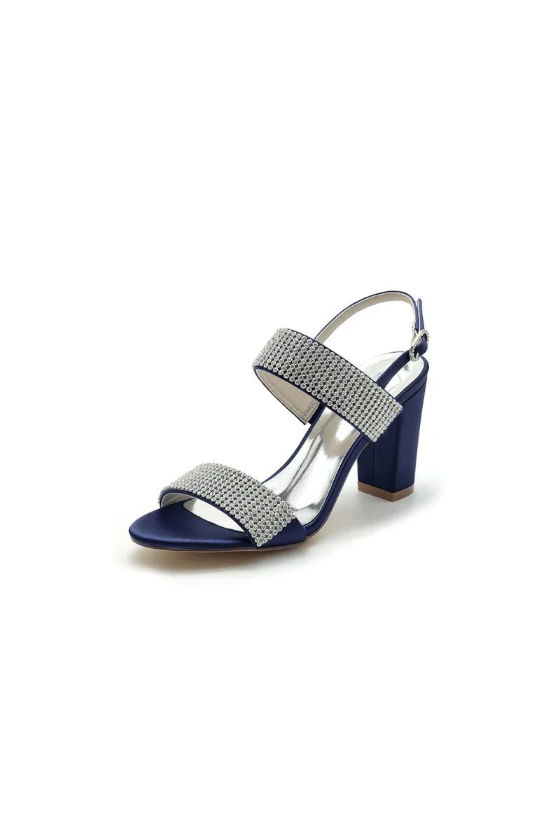 Open Toe Beaded Buckle Satin Chunky Heels