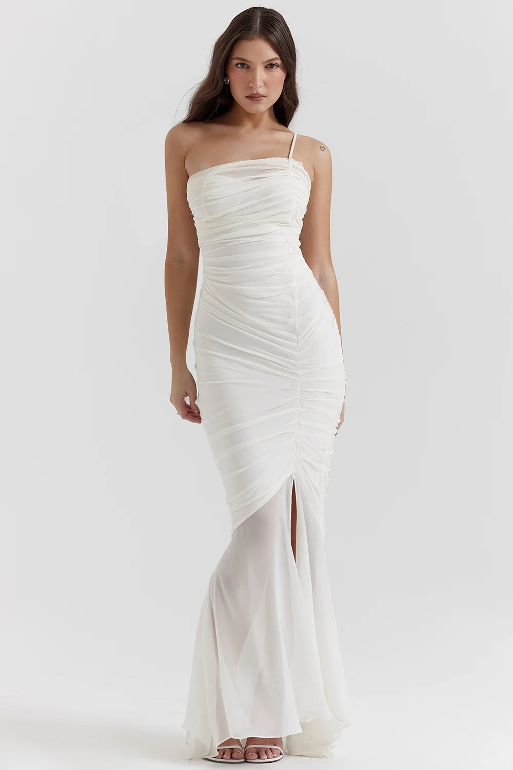 ivory ruched maxi dress