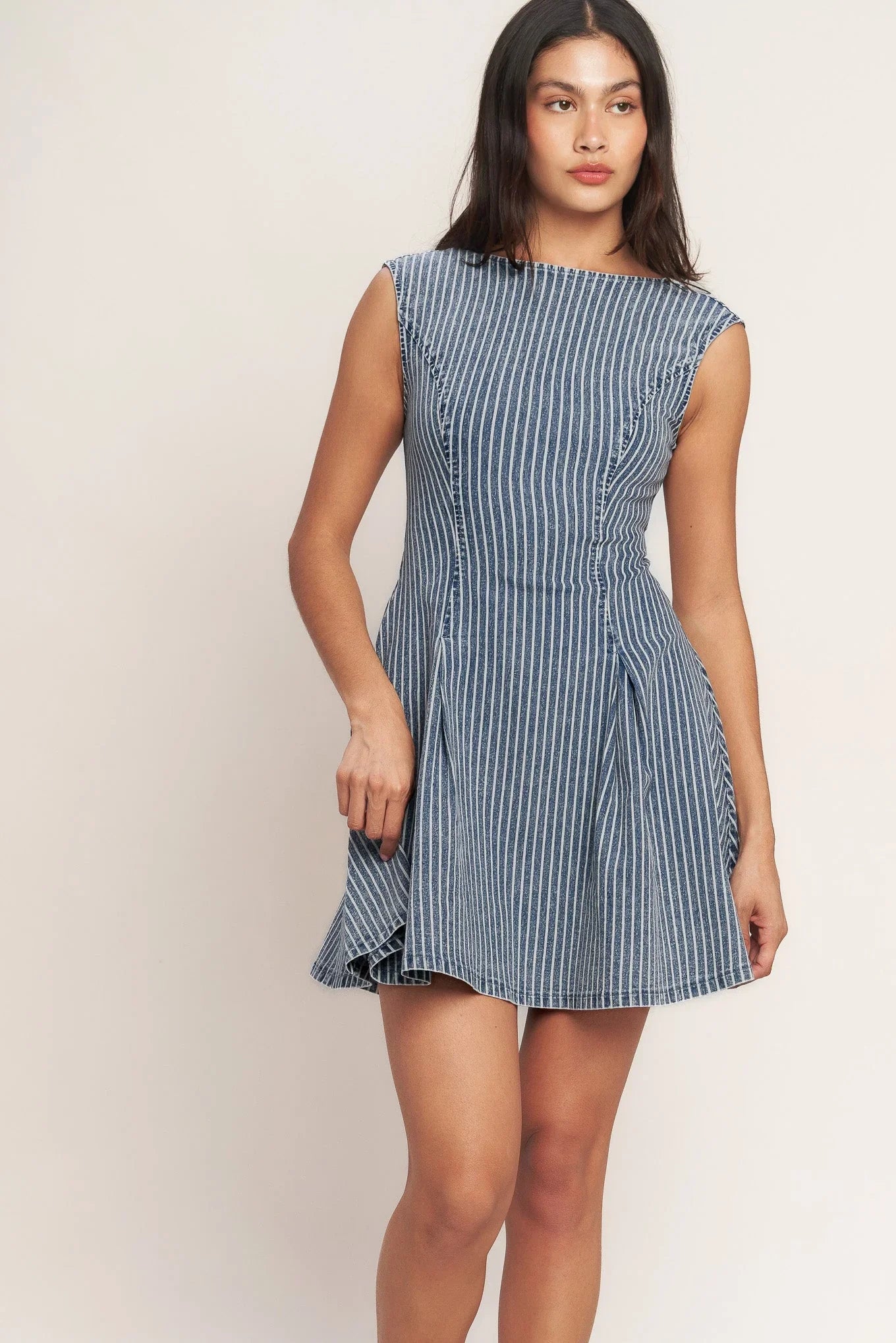 PERFECTLY PLANNED STRIPED DENIM MINI DRESS