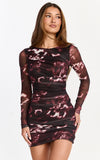 Zita Mini Dress High Neck Long Sleeve Bodycon Mesh Dress in Botanical Haze