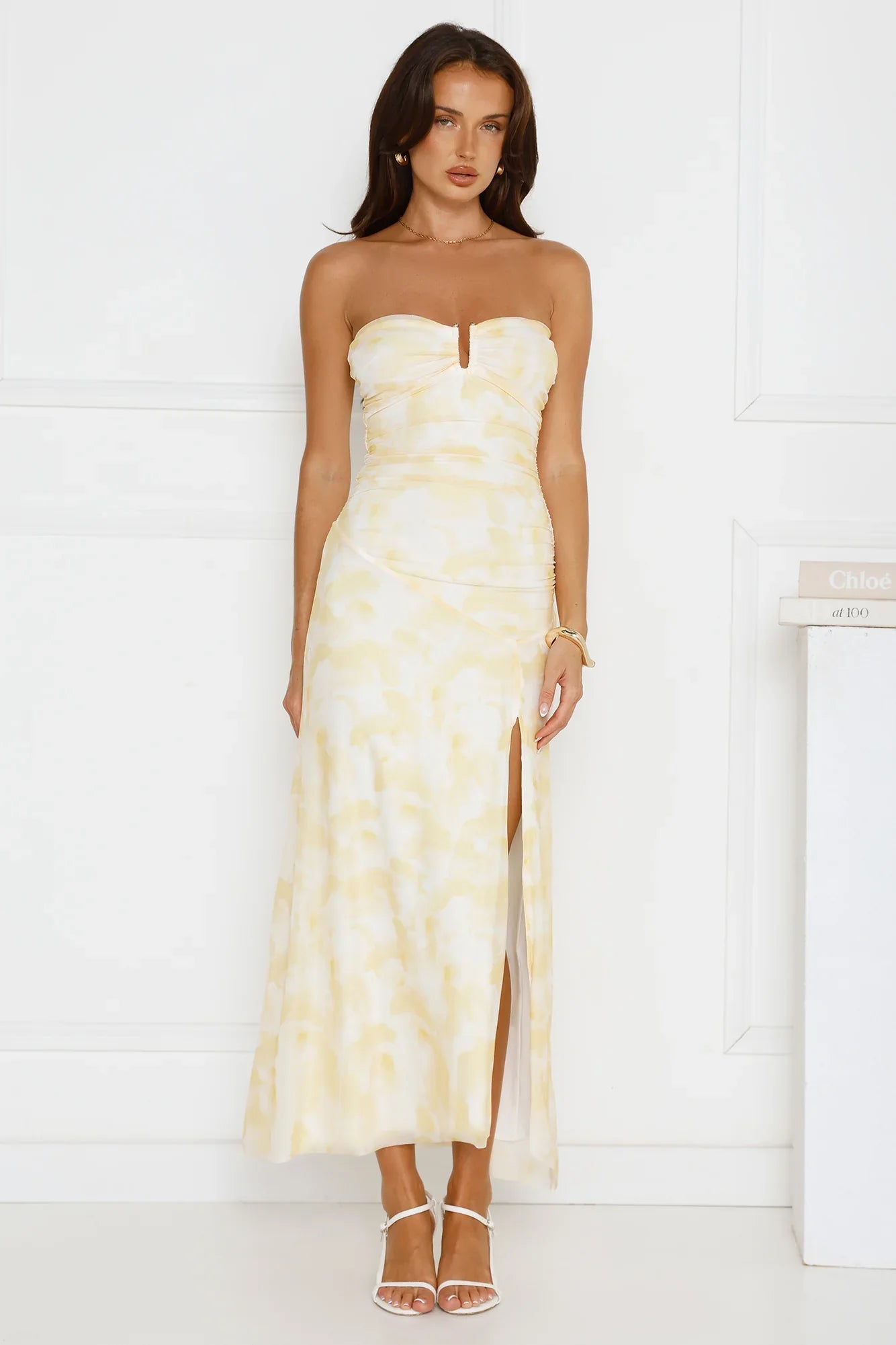 Gatsby Glow Strapless Mesh Maxi Dress Yellow