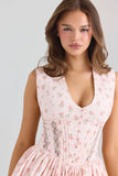 pink stretch cotton floral print mini dress