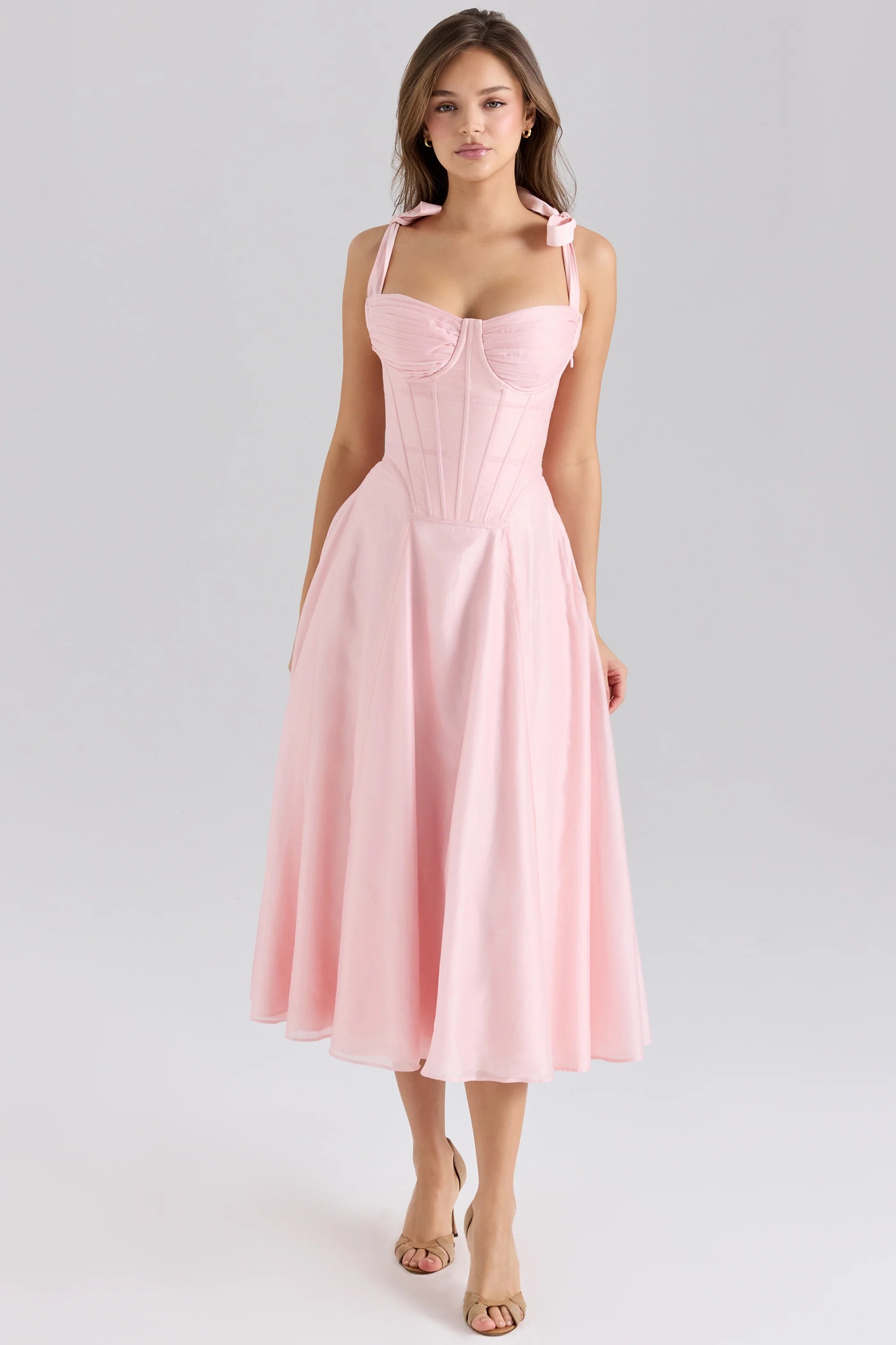 pink chiffon tie strap midi dress