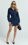 Ainsley Mini Dress Button Through Long Sleeve Denim Dress in Dark Blue
