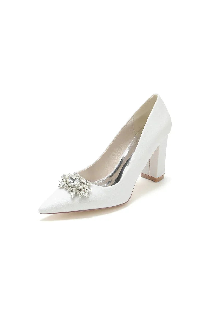 White Glitter Pointed Toe Chunky Heels With Rhinestone