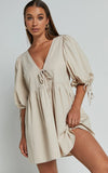 Rosita Mini Dress Tie Front Puff Sleeve Dress in Stone