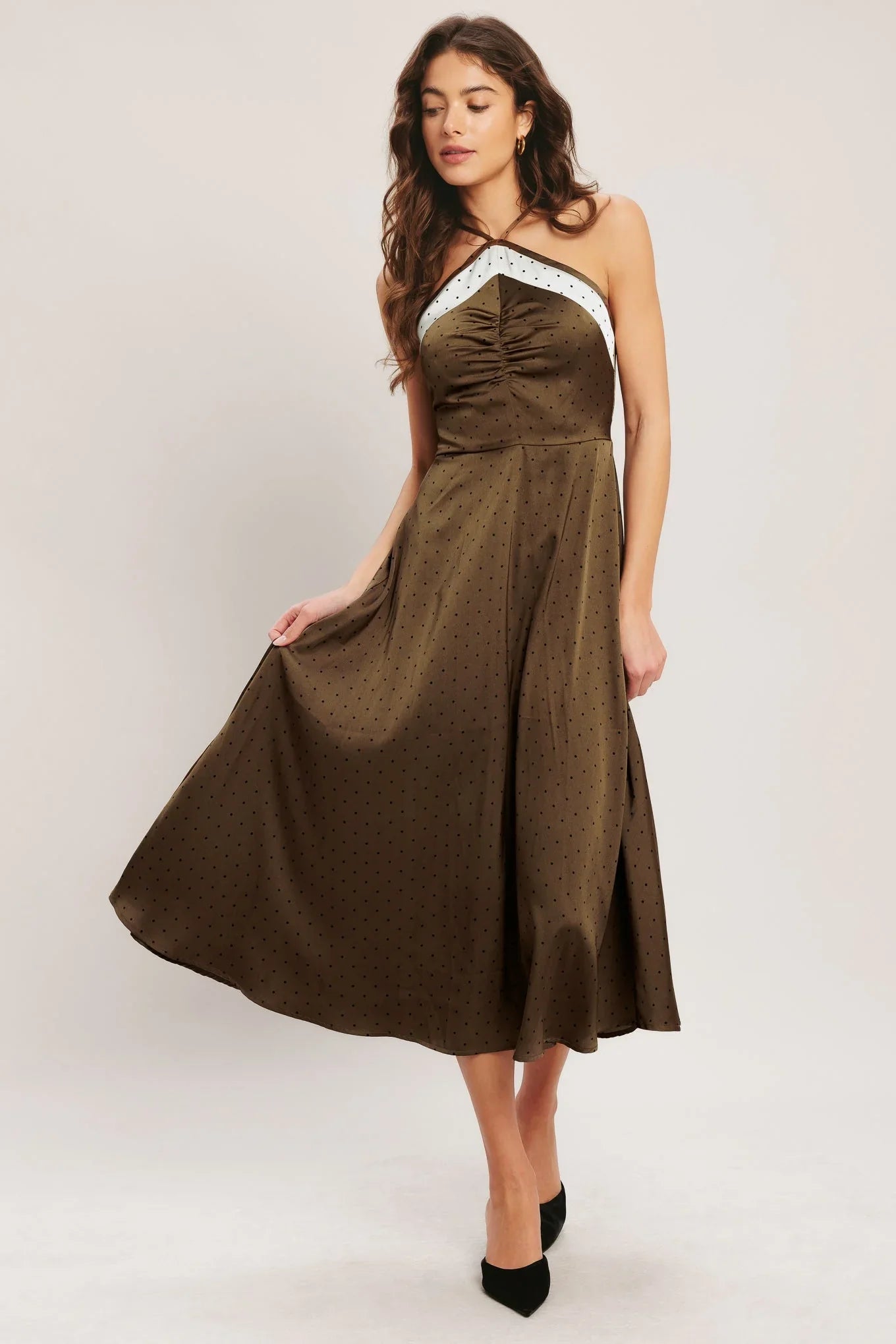 ESPRESSO CHIC HALTER SATIN MIDI DRESS